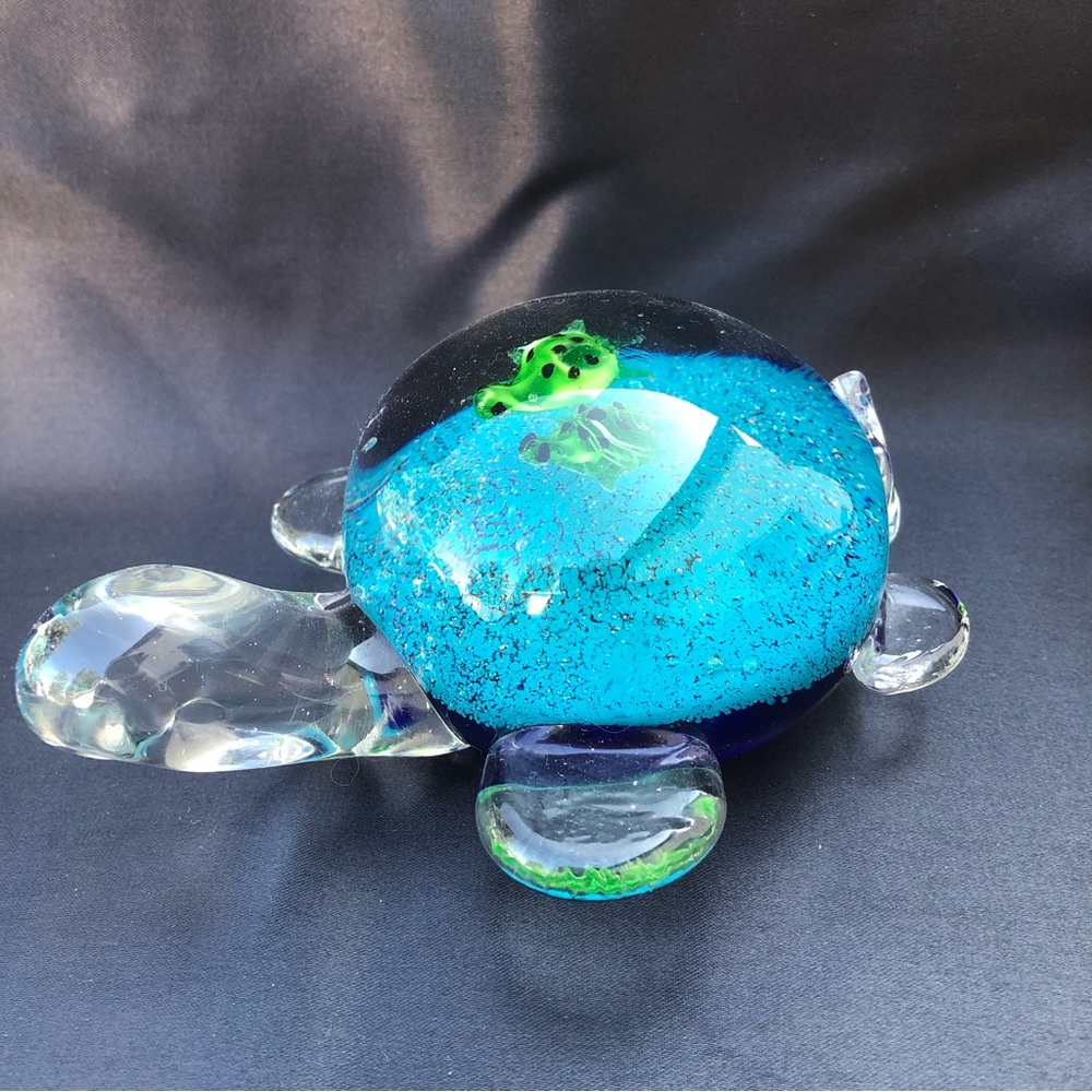 Hand Blown Glass Turtle Paperweight With Babies Inside